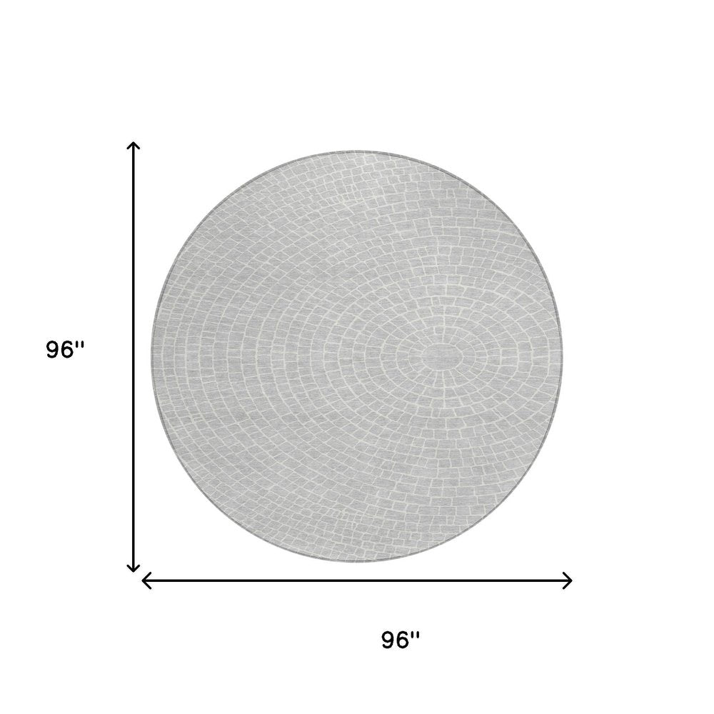 8' Silver And Ivory Round Geometric Washable Indoor Outdoor Area Rug HomeRoots