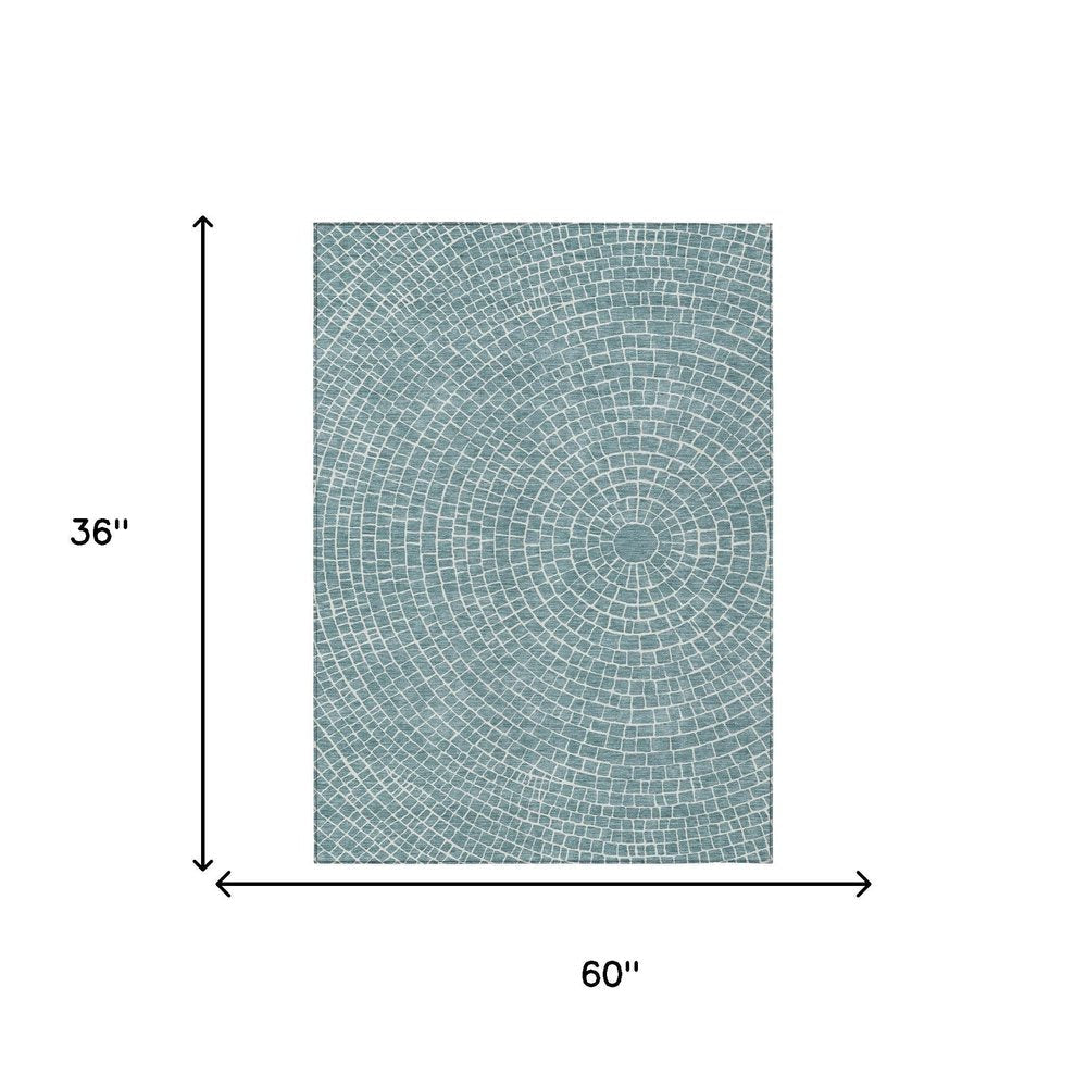 3' X 5' Teal Blue And Ivory Geometric Washable Indoor Outdoor Area Rug HomeRoots