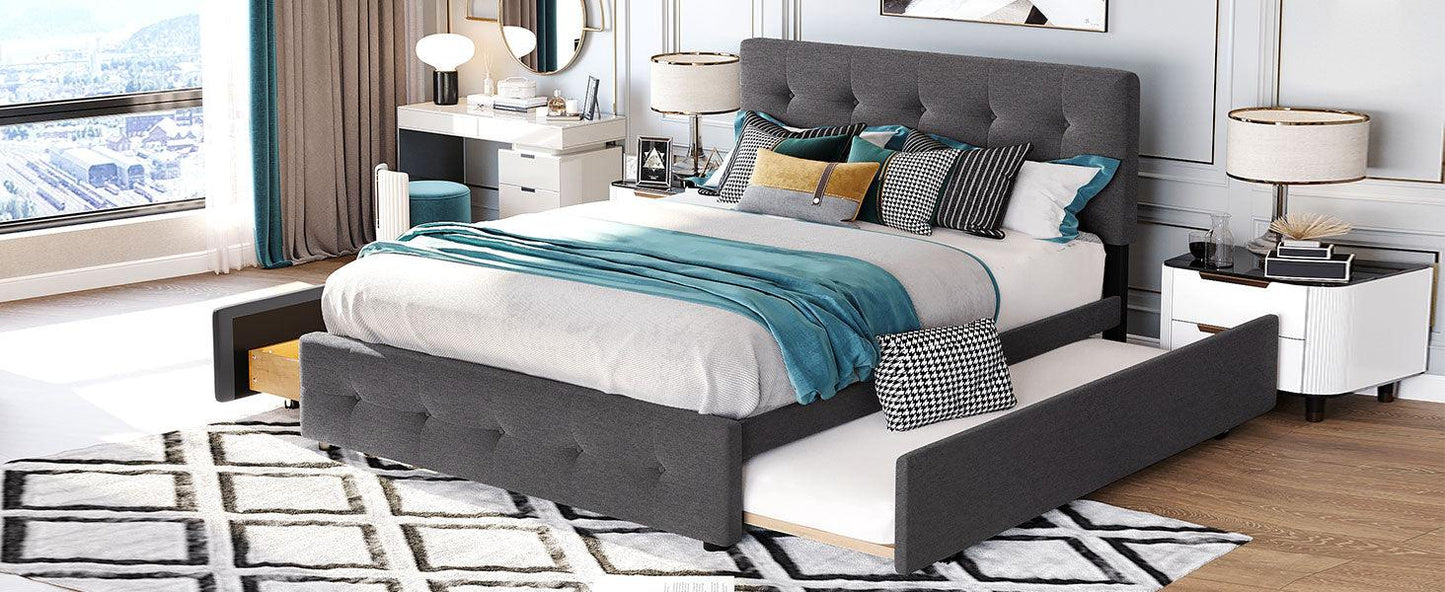 Upholstered Platform Bed with 2 Drawers and 1 Twin XL Trundle Linen Fabric Queen Size - Dark Gray - FurniFindUSA