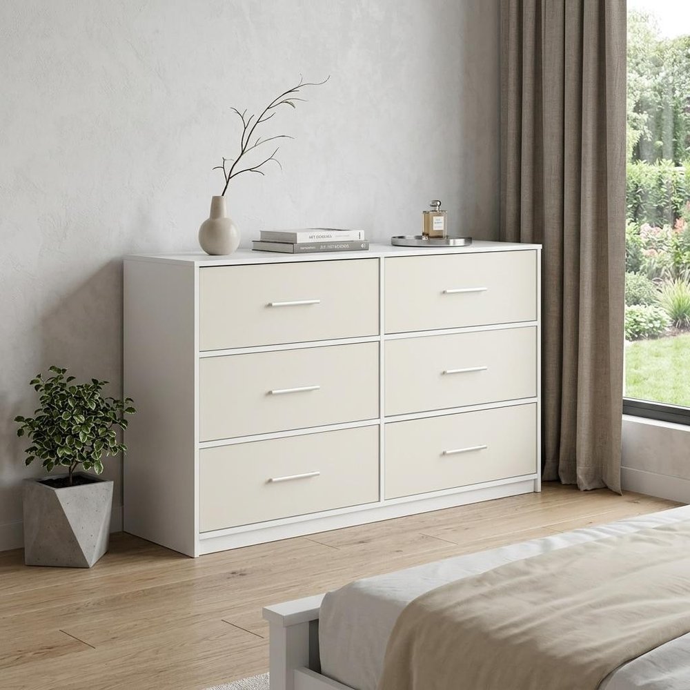 45" White Wood Steel And Fabric Six Drawer Double Dresser HomeRoots