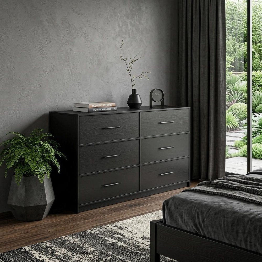 45" Black Wood Steel And Fabric Six Drawer Double Dresser HomeRoots
