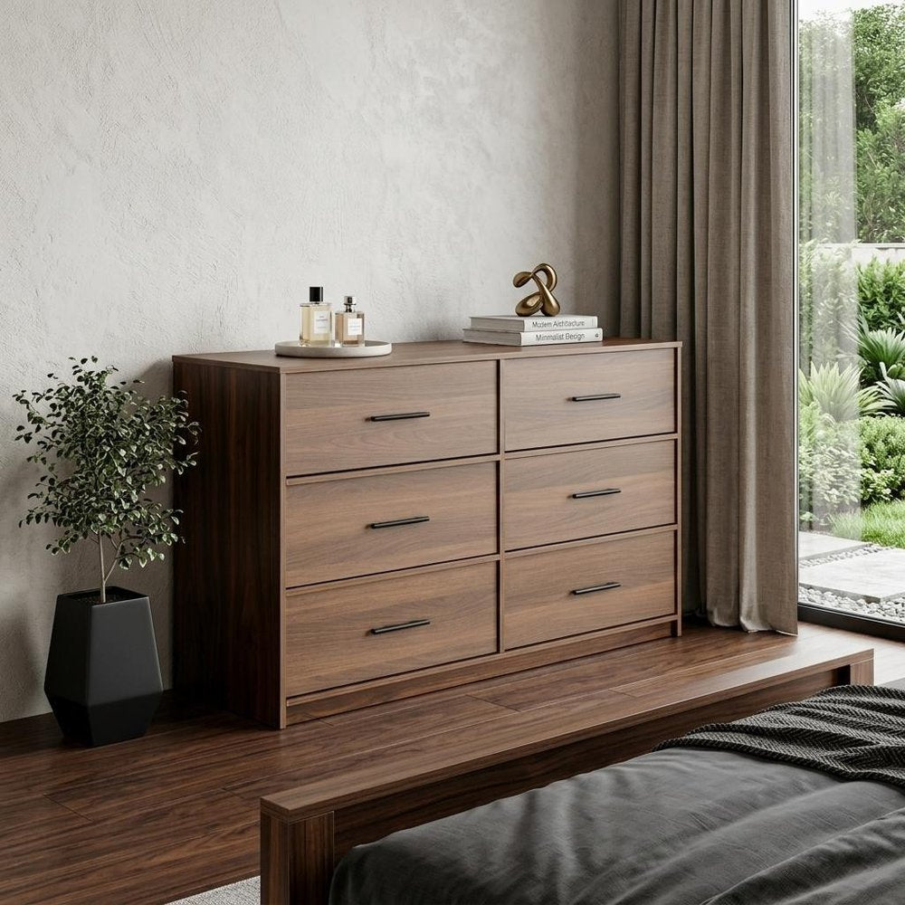 45" Walnut Wood Steel And Fabric Six Drawer Double Dresser HomeRoots