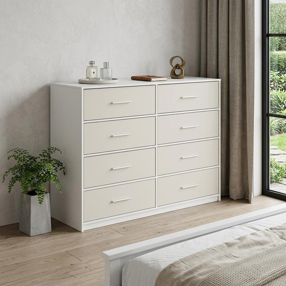 45" White Wood Steel And Fabric Eight Drawer Double Dresser HomeRoots