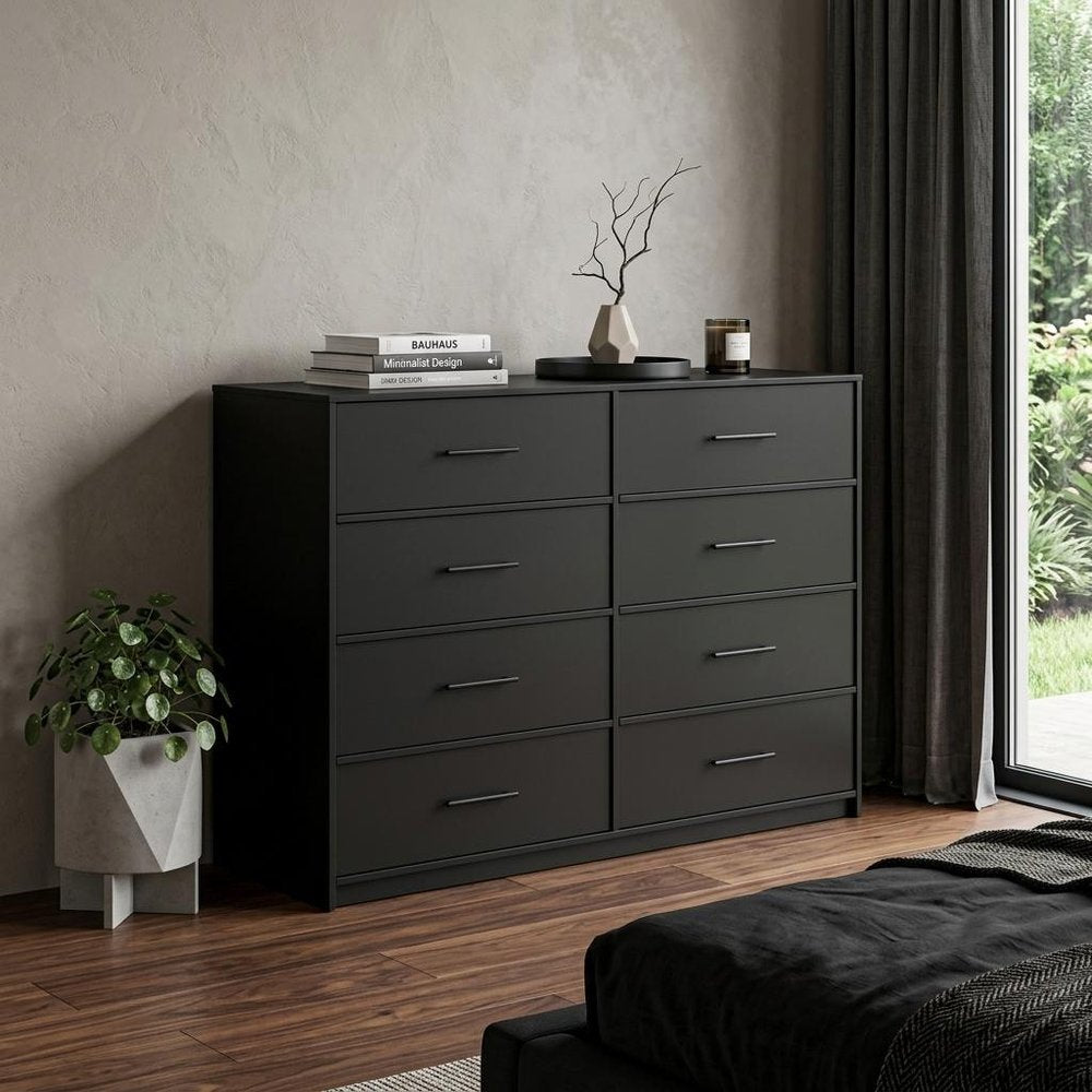 45" Black Wood Steel And Fabric Eight Drawer Double Dresser — view 6