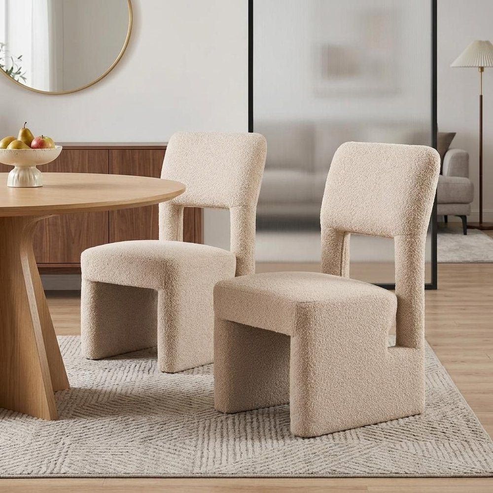 Set of Two Beige Faux Shearling And Wood Open Back Dining Side Chairs HomeRoots