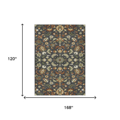 10' X 14' Charcoal And Black Floral Medallion Washable Indoor Outdoor Area Rug HomeRoots