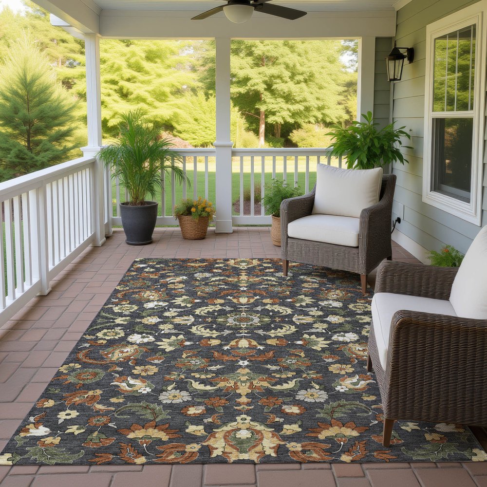 10' X 14' Charcoal And Black Floral Medallion Washable Indoor Outdoor Area Rug HomeRoots