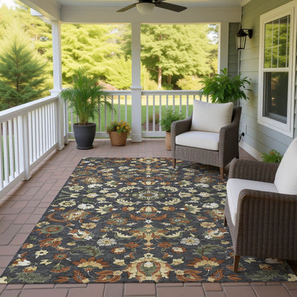 10' X 14' Charcoal And Black Floral Medallion Washable Indoor Outdoor Area Rug HomeRoots
