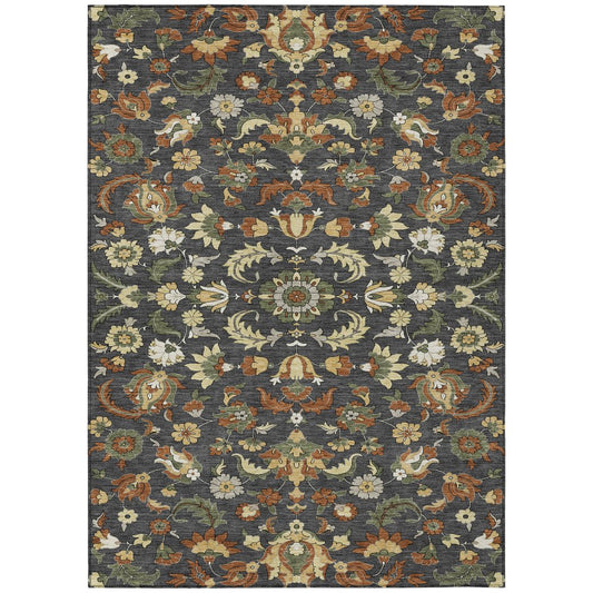 10' X 14' Charcoal And Black Floral Medallion Washable Indoor Outdoor Area Rug