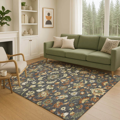 10' X 14' Charcoal And Black Floral Medallion Washable Indoor Outdoor Area Rug HomeRoots