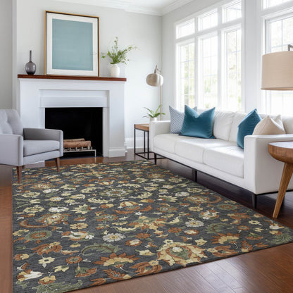 10' X 14' Charcoal And Black Floral Medallion Washable Indoor Outdoor Area Rug HomeRoots