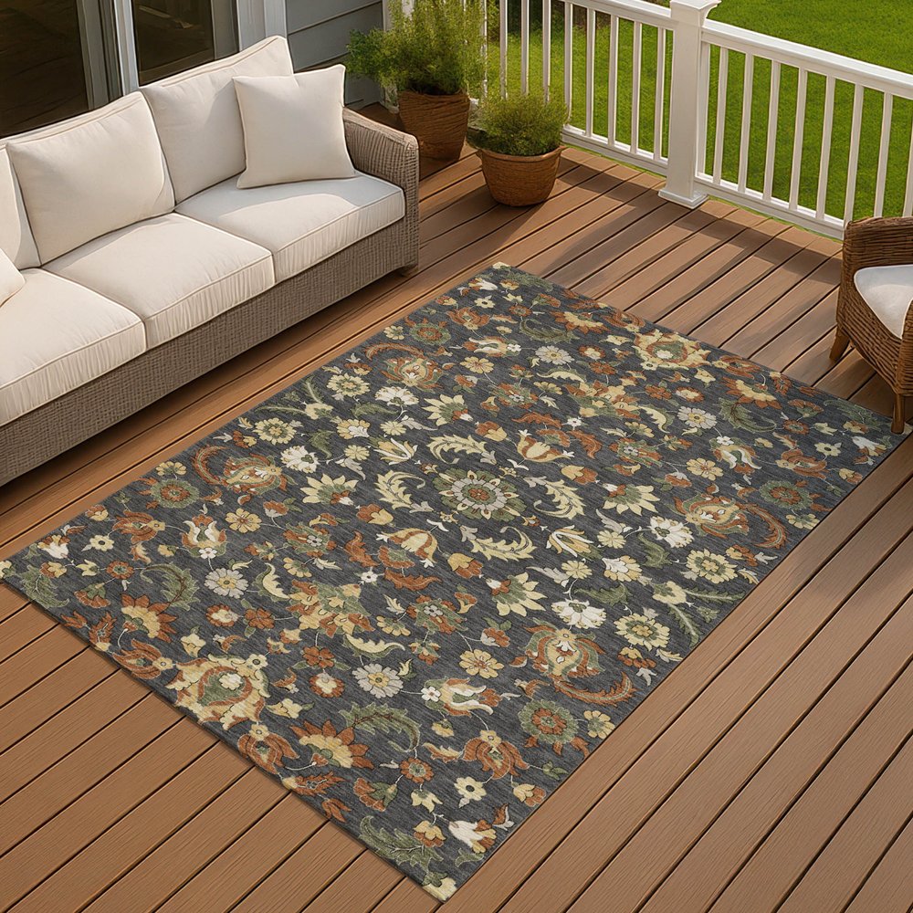 10' X 14' Charcoal And Black Floral Medallion Washable Indoor Outdoor Area Rug — view 7
