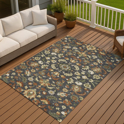 10' X 14' Charcoal And Black Floral Medallion Washable Indoor Outdoor Area Rug HomeRoots