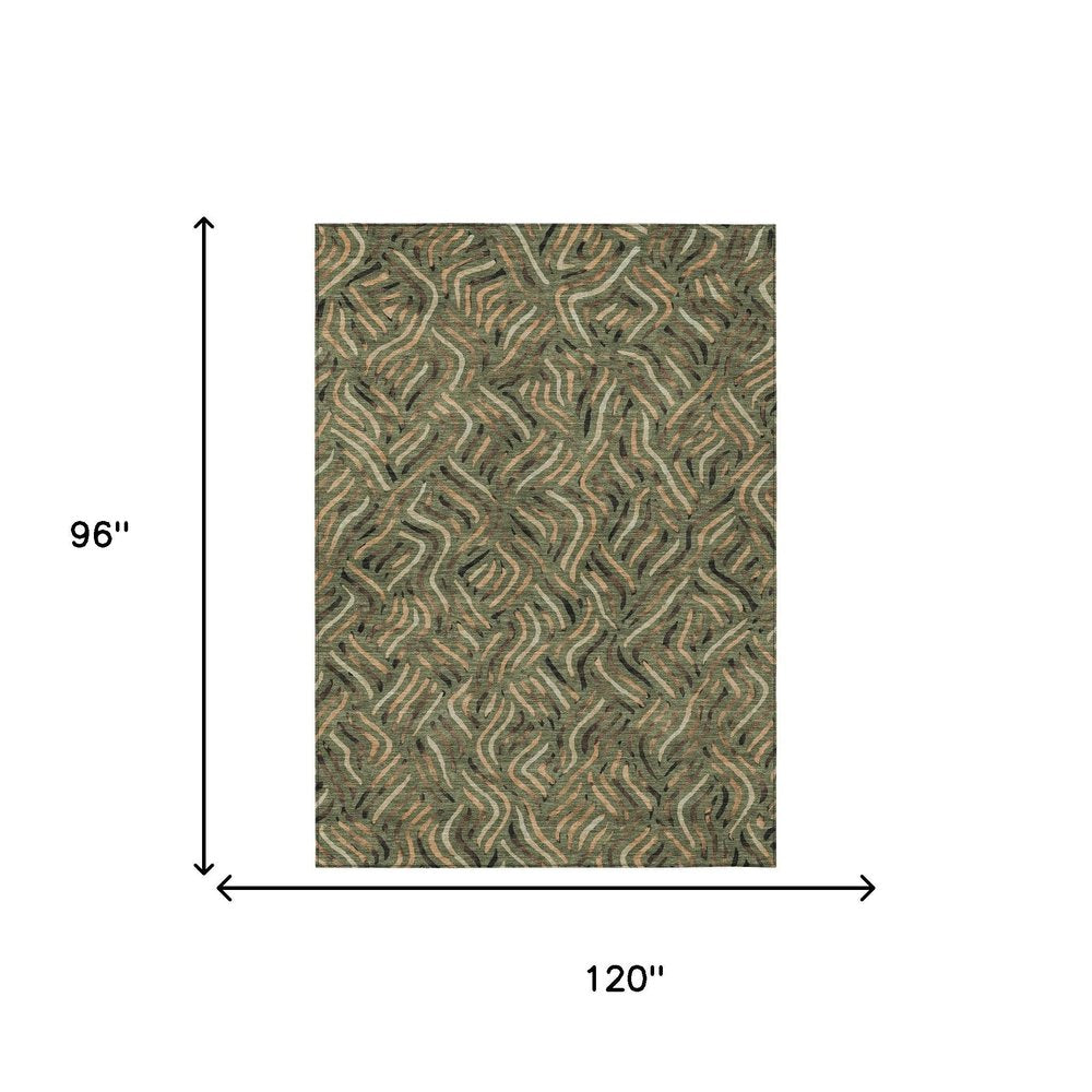 8' X 10' Olive Green And Copper Abstract Washable Indoor Outdoor Area Rug — view 10