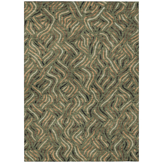 8' X 10' Olive Green And Copper Abstract Washable Indoor Outdoor Area Rug