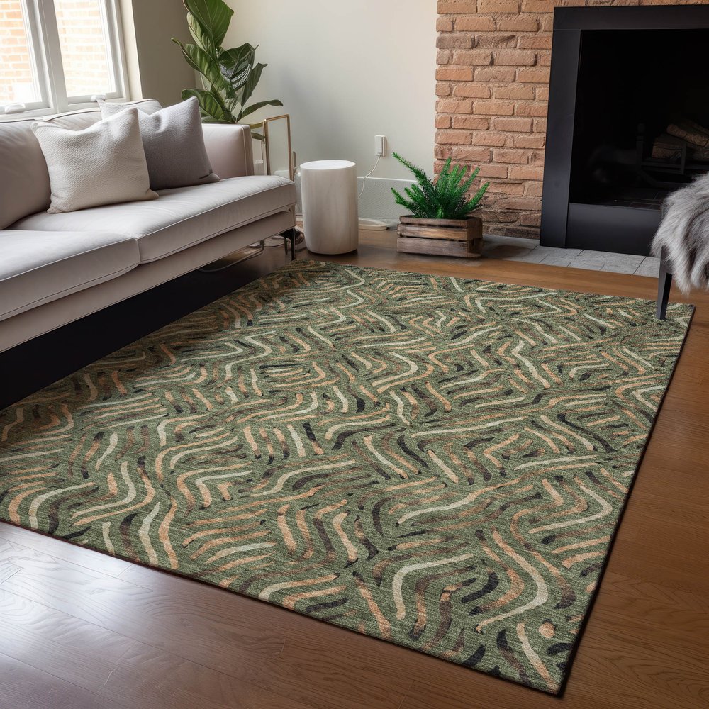 8' X 10' Olive Green And Copper Abstract Washable Indoor Outdoor Area Rug — view 5