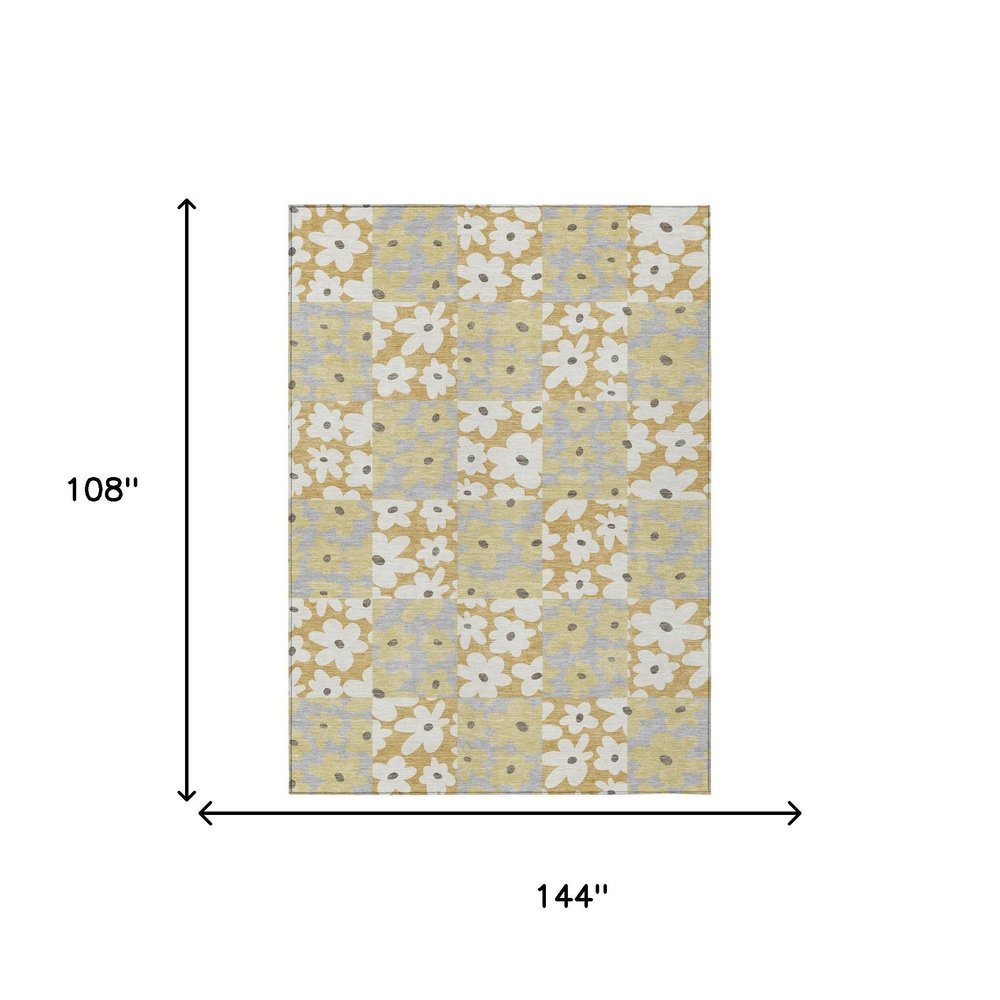 9' X 12' Gold And Ivory Floral Washable Indoor Outdoor Area Rug HomeRoots