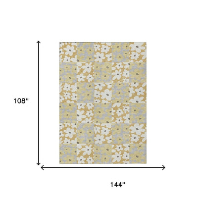 9' X 12' Gold And Ivory Floral Washable Indoor Outdoor Area Rug HomeRoots