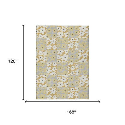 10' X 14' Gold And Ivory Floral Washable Indoor Outdoor Area Rug HomeRoots