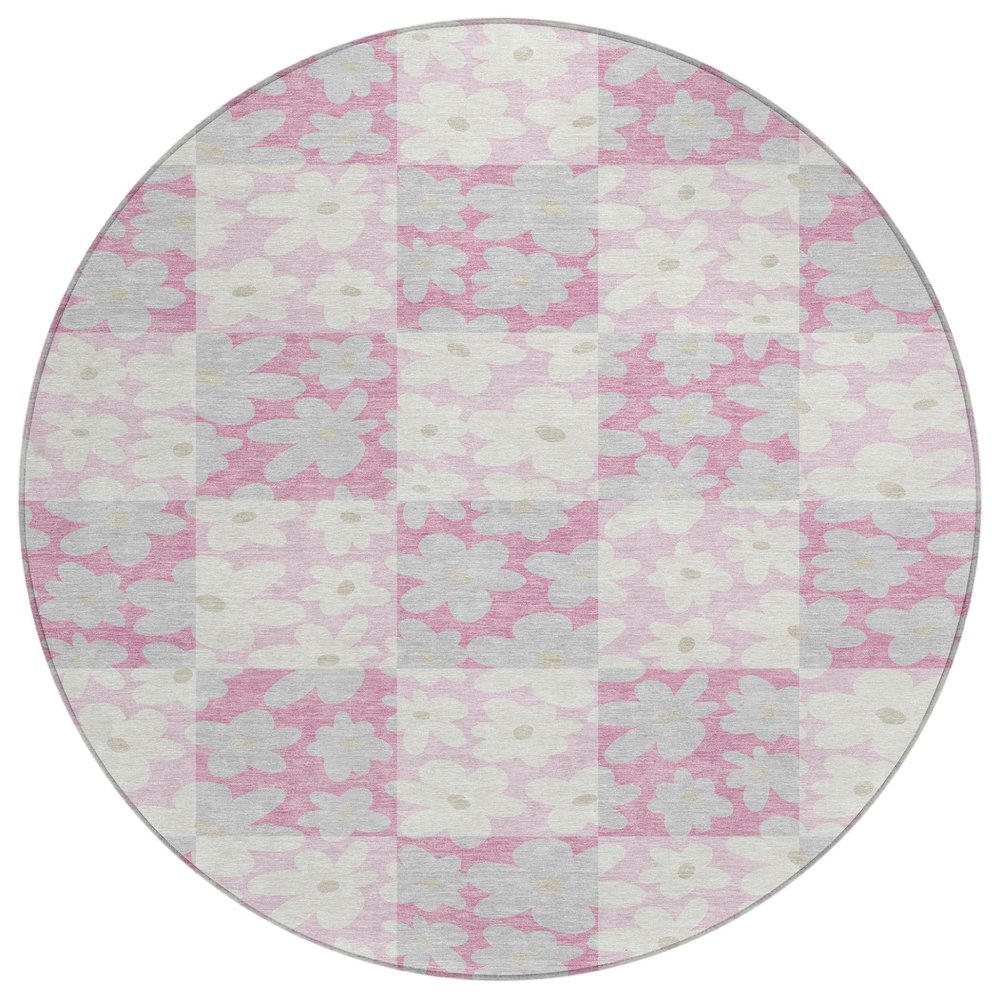 8' Pink And Gray Round Floral Washable Indoor Outdoor Area Rug HomeRoots
