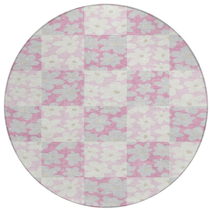8' Pink And Gray Round Floral Washable Indoor Outdoor Area Rug HomeRoots