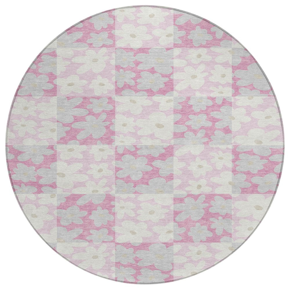 8' Pink And Gray Round Floral Washable Indoor Outdoor Area Rug HomeRoots