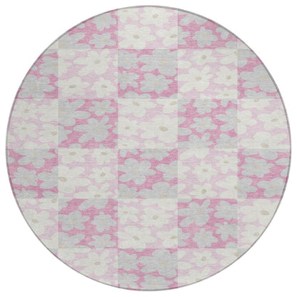 8' Pink And Gray Round Floral Washable Indoor Outdoor Area Rug HomeRoots