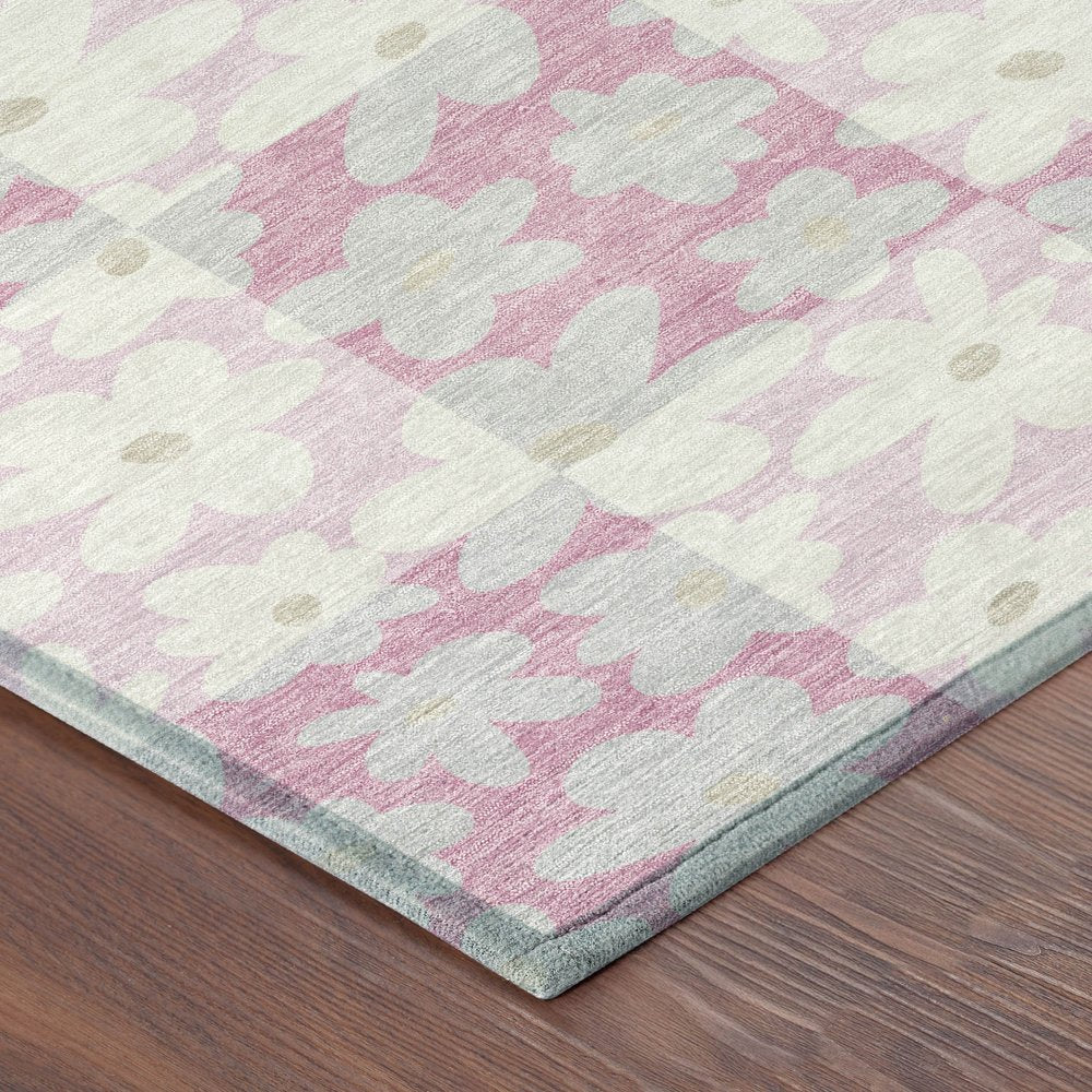 8' Pink And Gray Round Floral Washable Indoor Outdoor Area Rug HomeRoots