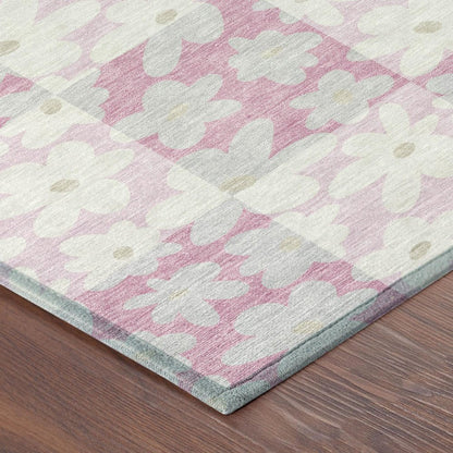 8' Pink And Gray Round Floral Washable Indoor Outdoor Area Rug HomeRoots