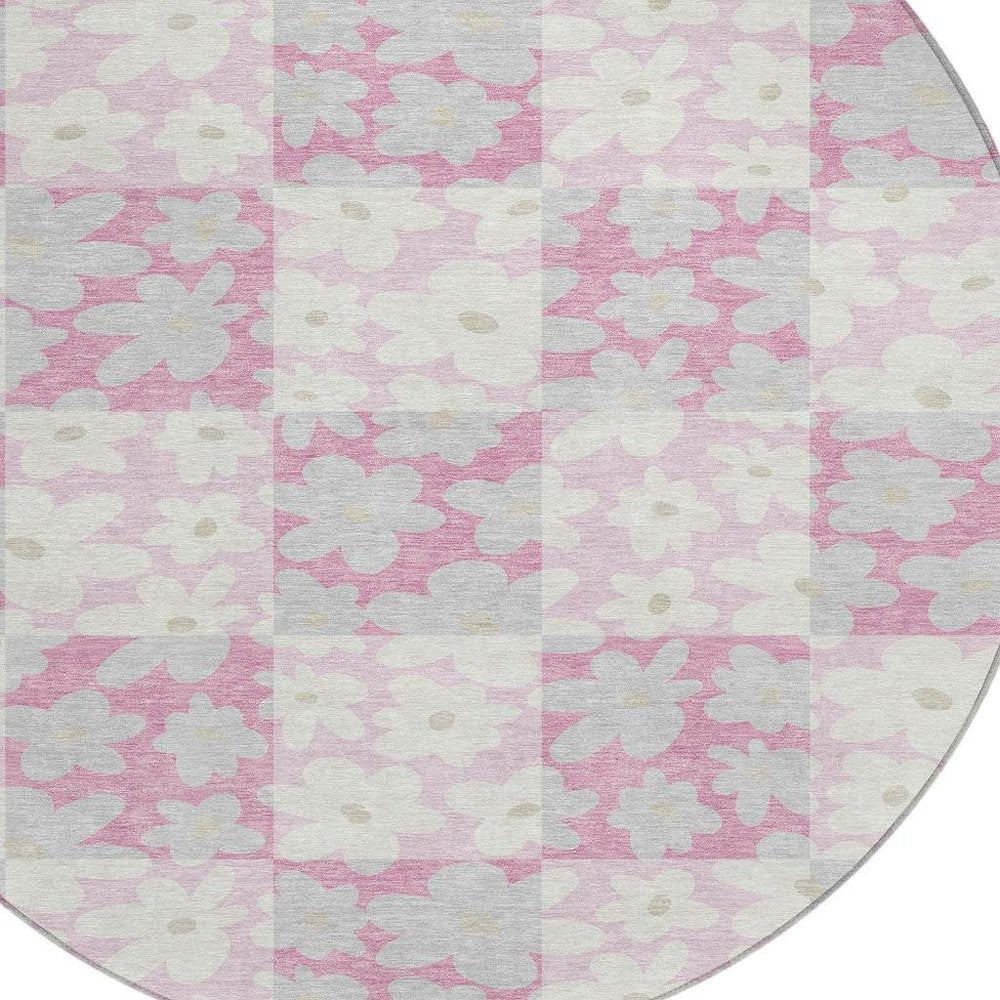 8' Pink And Gray Round Floral Washable Indoor Outdoor Area Rug HomeRoots