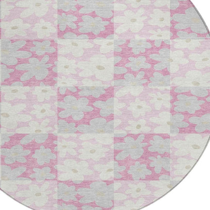 8' Pink And Gray Round Floral Washable Indoor Outdoor Area Rug HomeRoots