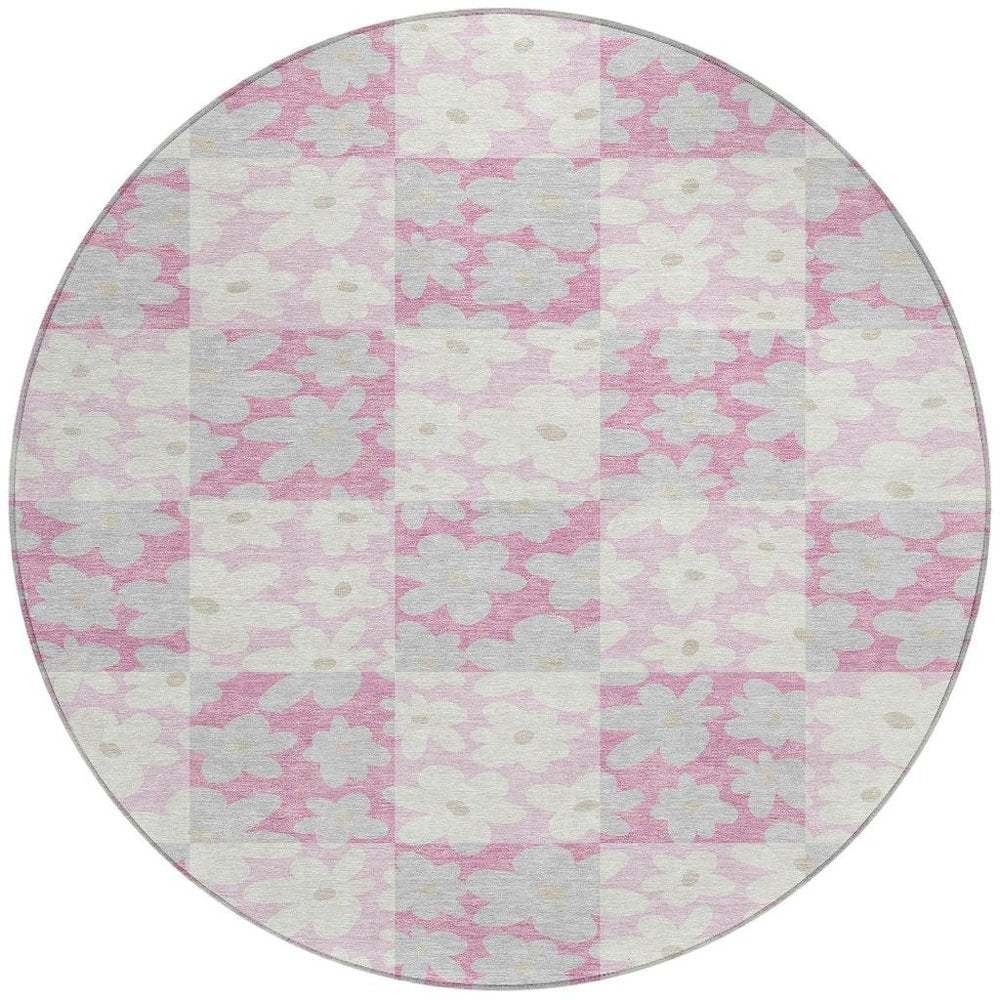 8' Pink And Gray Round Floral Washable Indoor Outdoor Area Rug HomeRoots