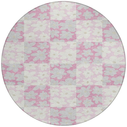 8' Pink And Gray Round Floral Washable Indoor Outdoor Area Rug HomeRoots