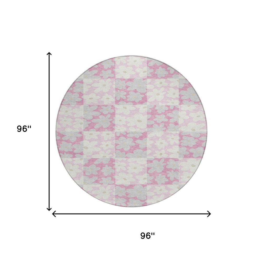 8' Pink And Gray Round Floral Washable Indoor Outdoor Area Rug HomeRoots