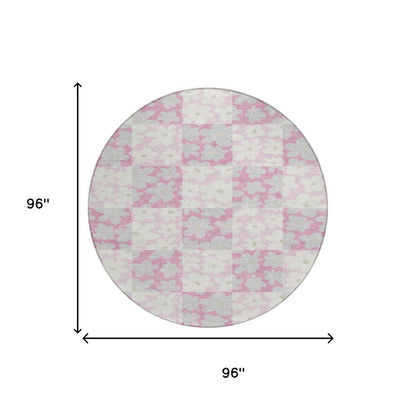 8' Pink And Gray Round Floral Washable Indoor Outdoor Area Rug HomeRoots