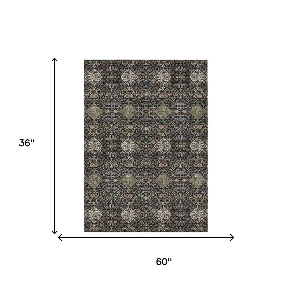 3' X 5' Black And Charcoal Geometric Washable Indoor Outdoor Area Rug HomeRoots