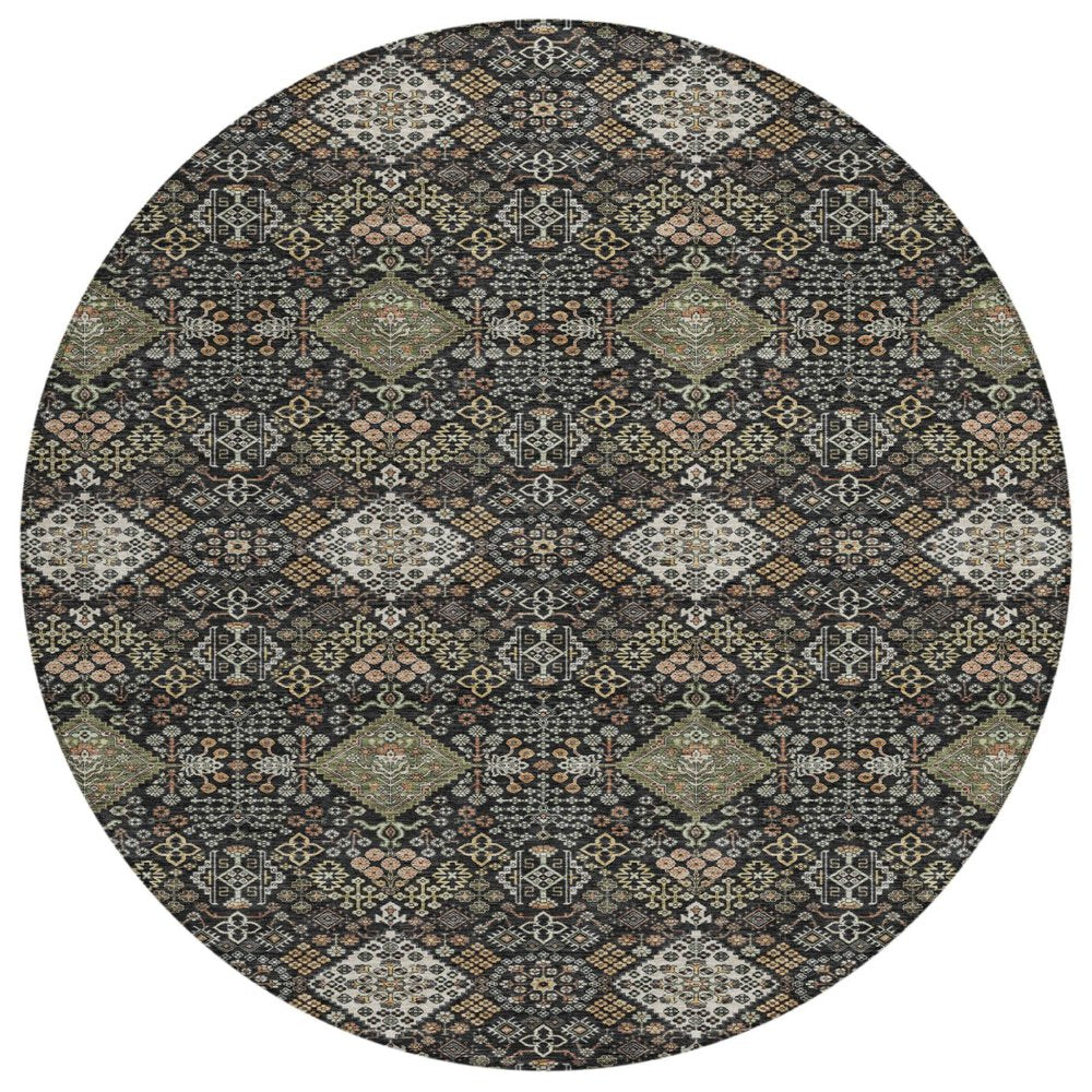 8' Black And Charcoal Round Geometric Washable Indoor Outdoor Area Rug HomeRoots
