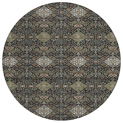 8' Black And Charcoal Round Geometric Washable Indoor Outdoor Area Rug HomeRoots