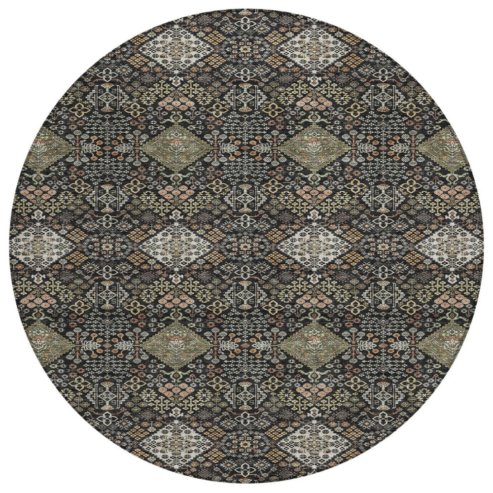 8' Black And Charcoal Round Geometric Washable Indoor Outdoor Area Rug HomeRoots
