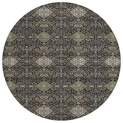 8' Black And Charcoal Round Geometric Washable Indoor Outdoor Area Rug HomeRoots