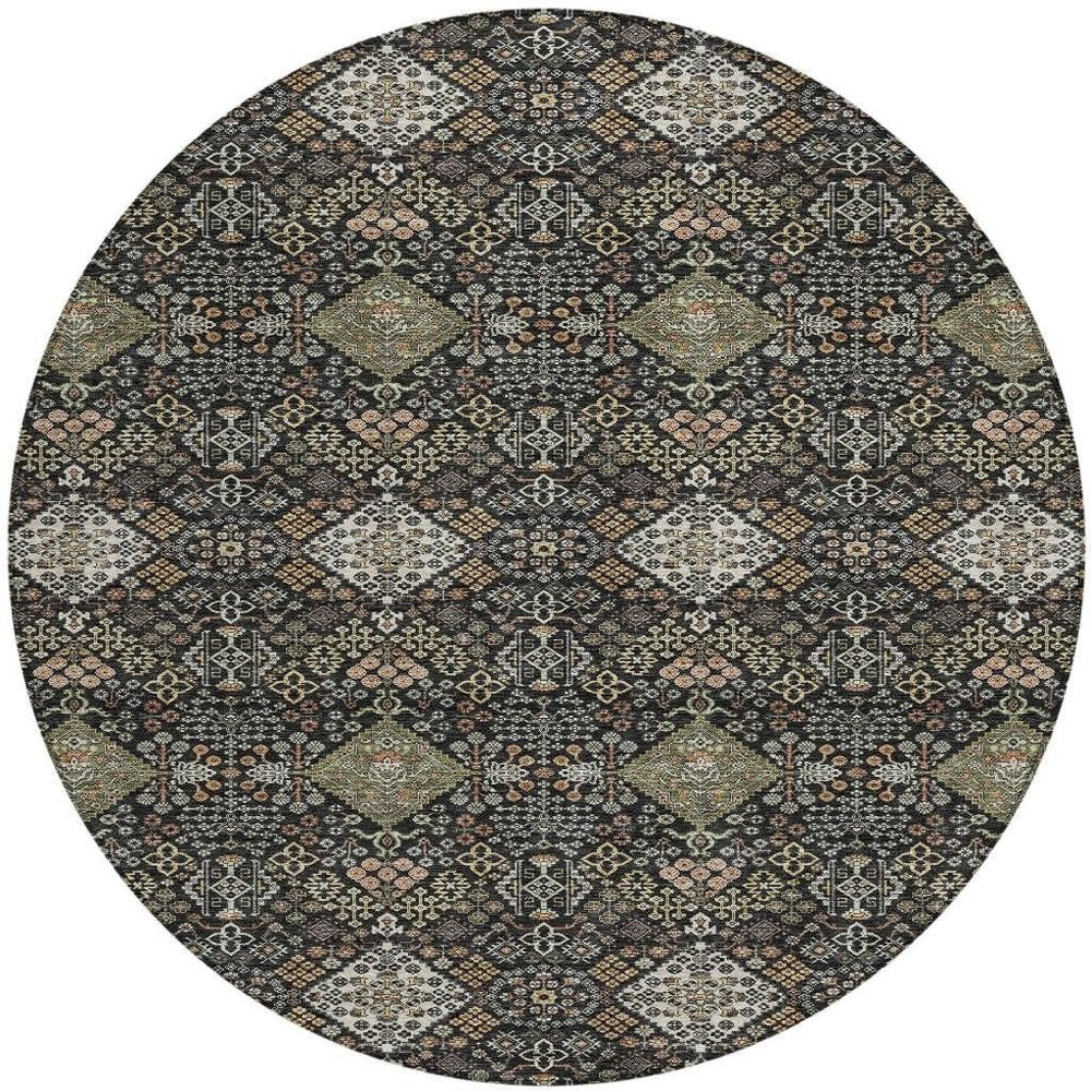 8' Black And Charcoal Round Geometric Washable Indoor Outdoor Area Rug HomeRoots