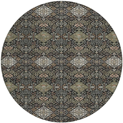 8' Black And Charcoal Round Geometric Washable Indoor Outdoor Area Rug HomeRoots