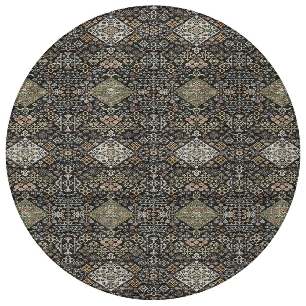8' Black And Charcoal Round Geometric Washable Indoor Outdoor Area Rug HomeRoots