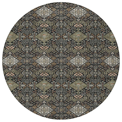 8' Black And Charcoal Round Geometric Washable Indoor Outdoor Area Rug HomeRoots