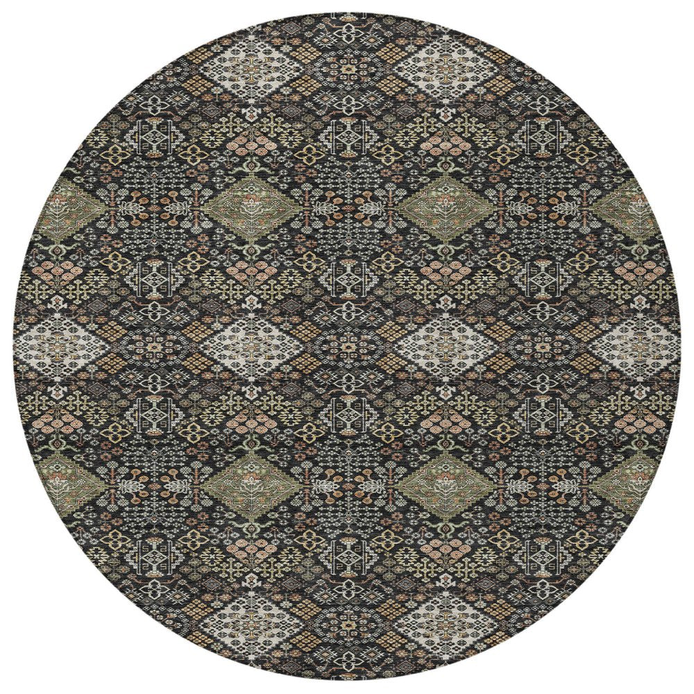 8' Black And Charcoal Round Geometric Washable Indoor Outdoor Area Rug HomeRoots