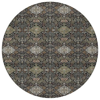8' Black And Charcoal Round Geometric Washable Indoor Outdoor Area Rug HomeRoots