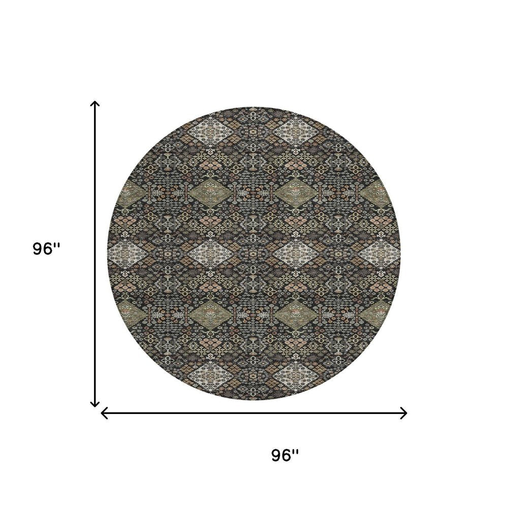 8' Black And Charcoal Round Geometric Washable Indoor Outdoor Area Rug HomeRoots