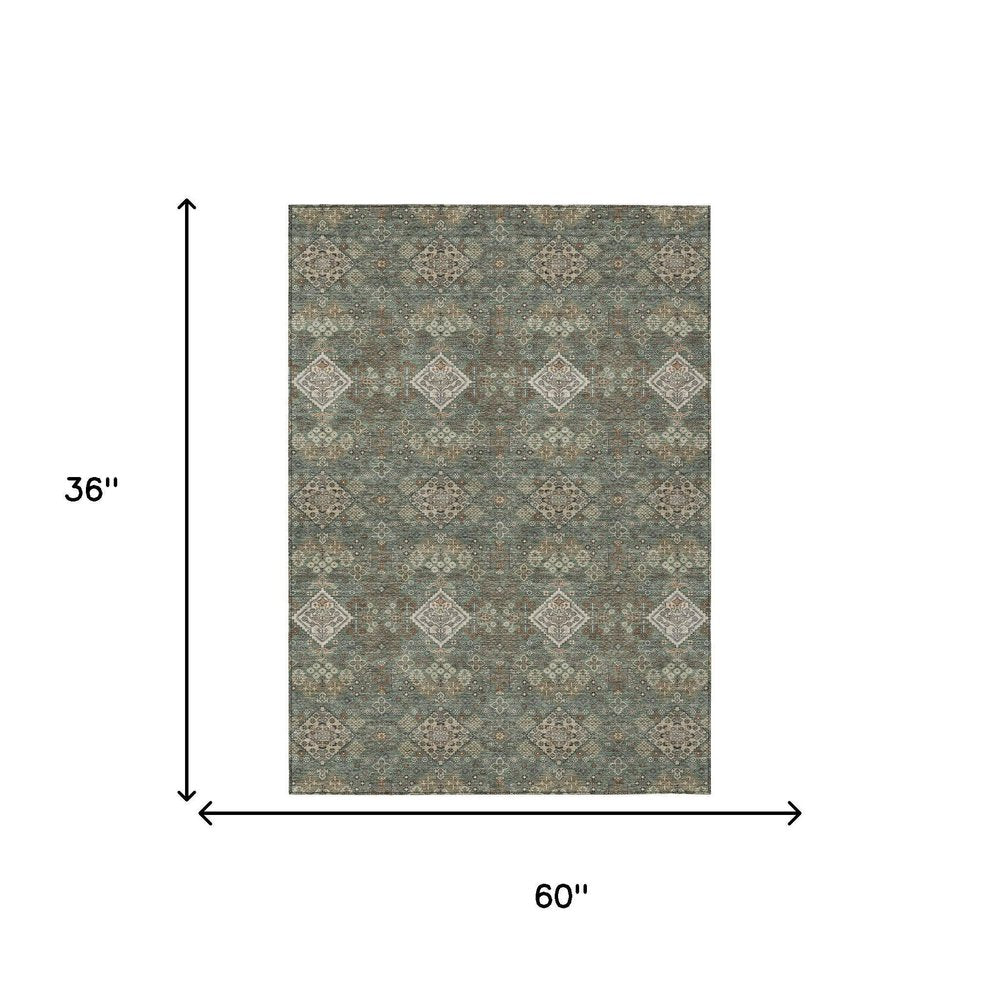 3' X 5' Green And Taupe Geometric Washable Indoor Outdoor Area Rug HomeRoots