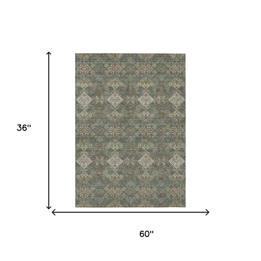 3' X 5' Green And Taupe Geometric Washable Indoor Outdoor Area Rug HomeRoots