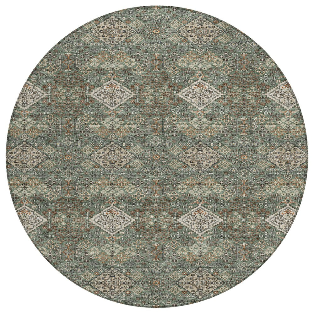 8' Green And Taupe Round Geometric Washable Indoor Outdoor Area Rug HomeRoots